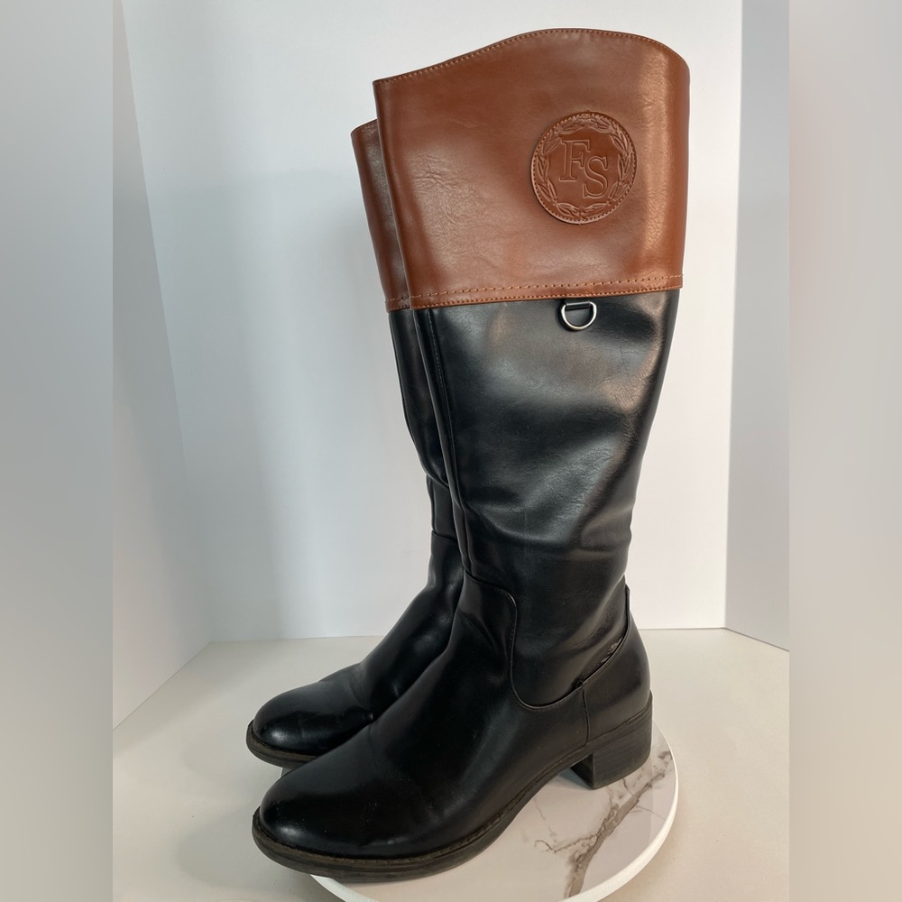 Franco Sarto Black And Brown Riding Boots Faux Leather Heeled Boots